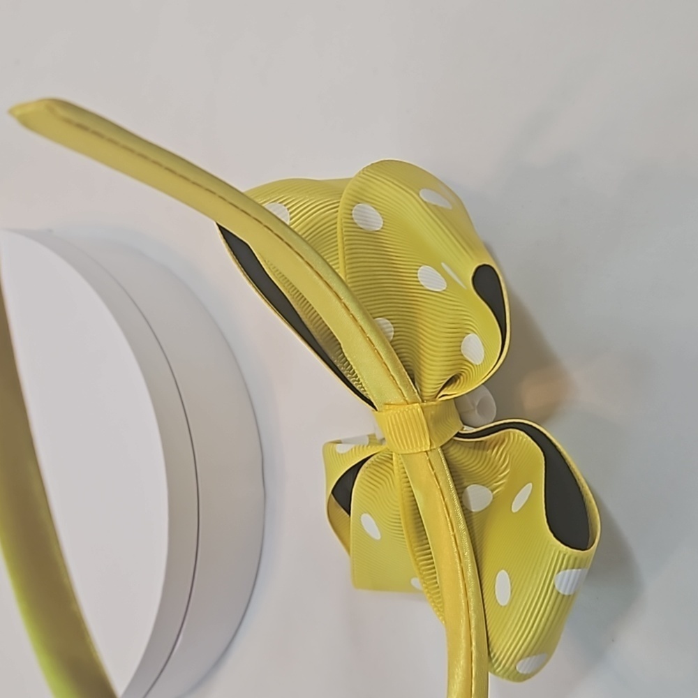 Hand Crafted Handmade Bow Hairband Yellow white polka-dot black contrast ribbon - Picture 11 of 17